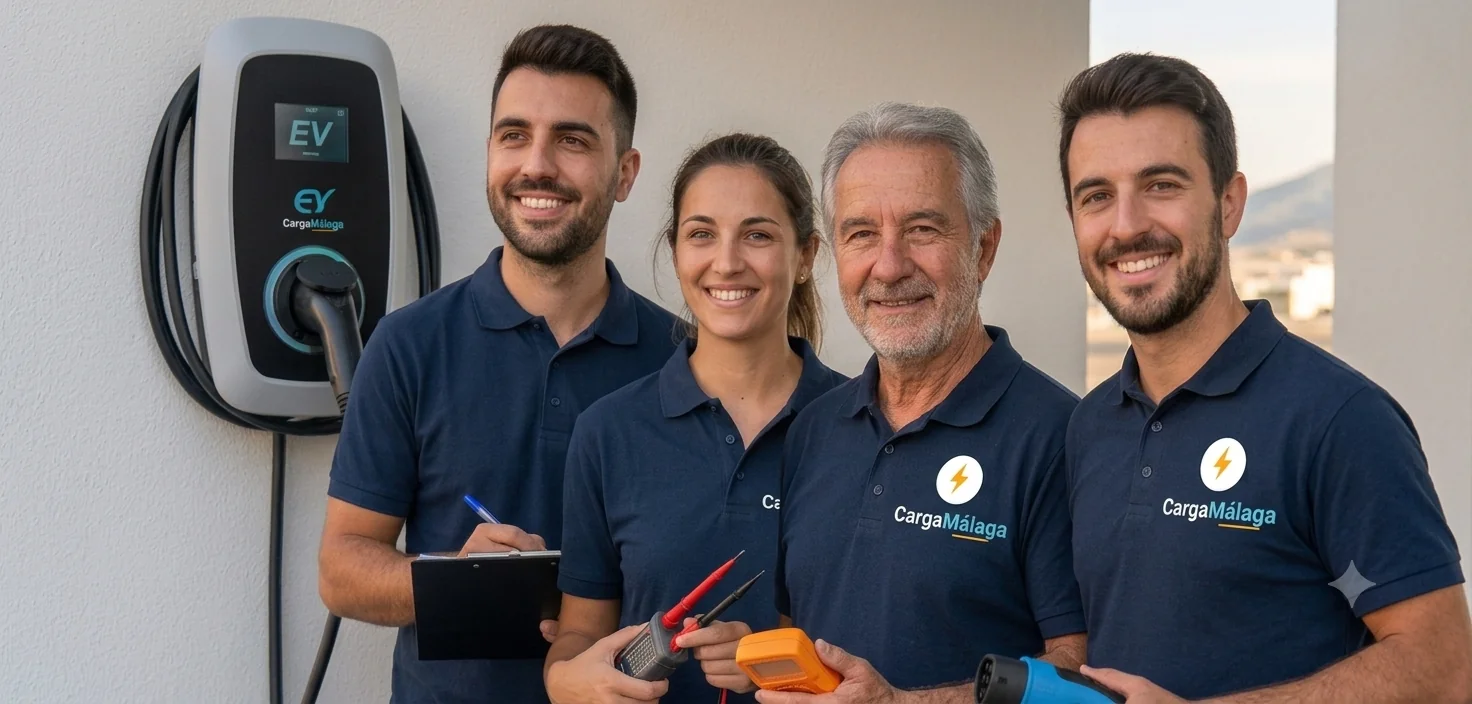 Equipo de instaladores de CargaMálaga junto a un punto de recarga en Málaga